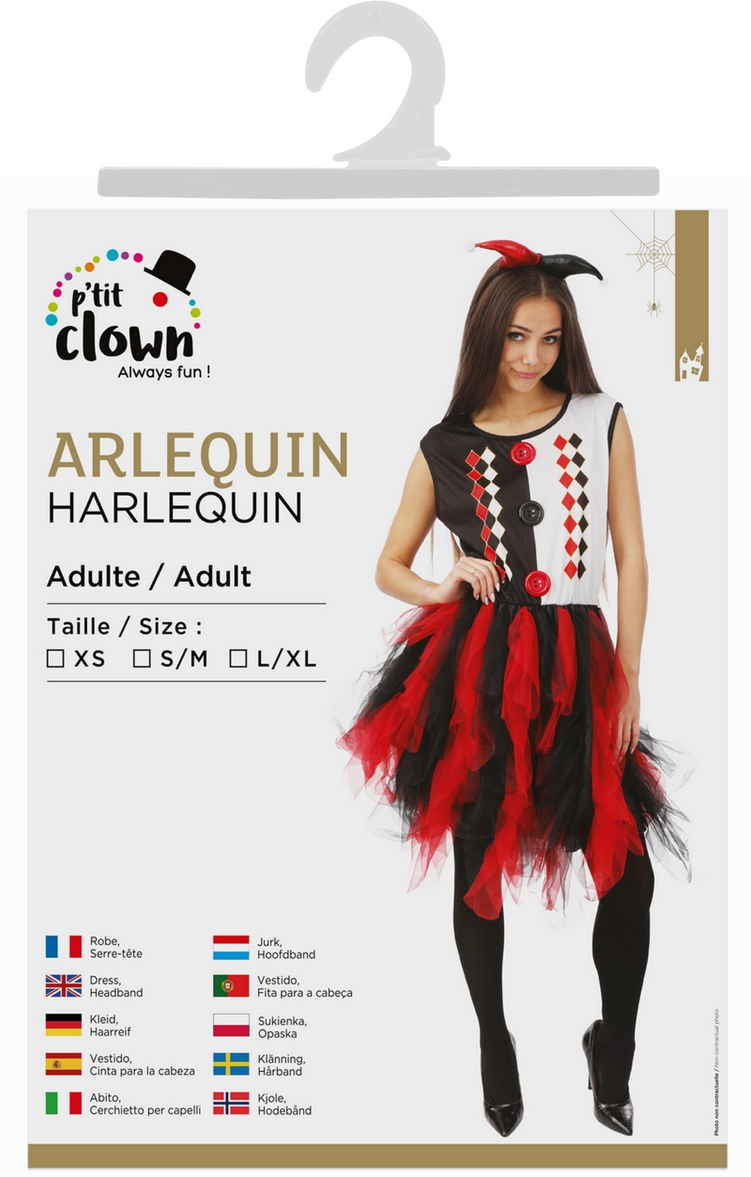 Harlequin costume with frills - black, red - adult - L/XL