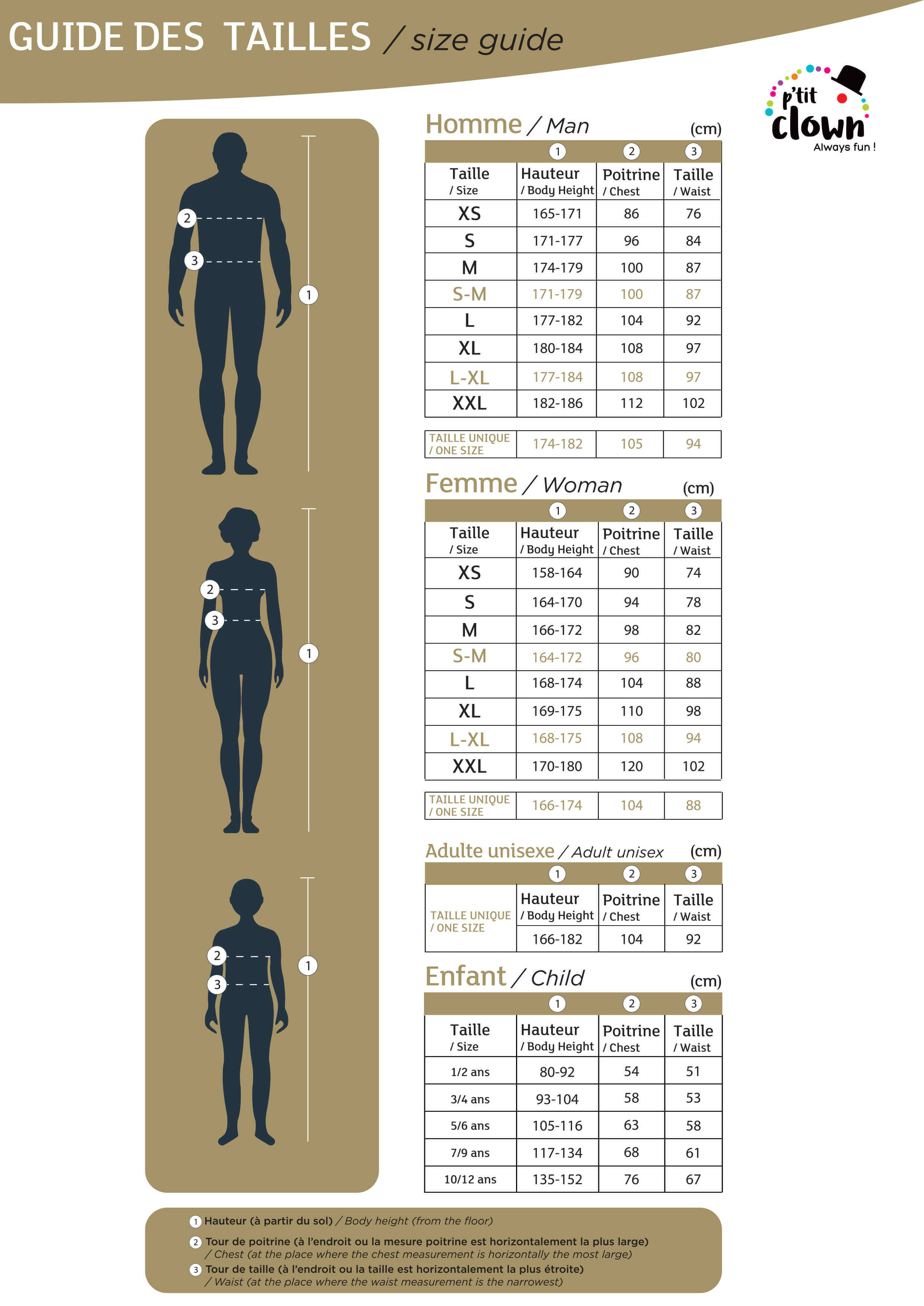 Ptit Clown - Guide des tailles - Size guide - 2023